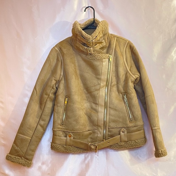 TAUPE BROWN FAUX FUR SUEDE MOTO JACKET BIKER COAT - Picture 6 of 14